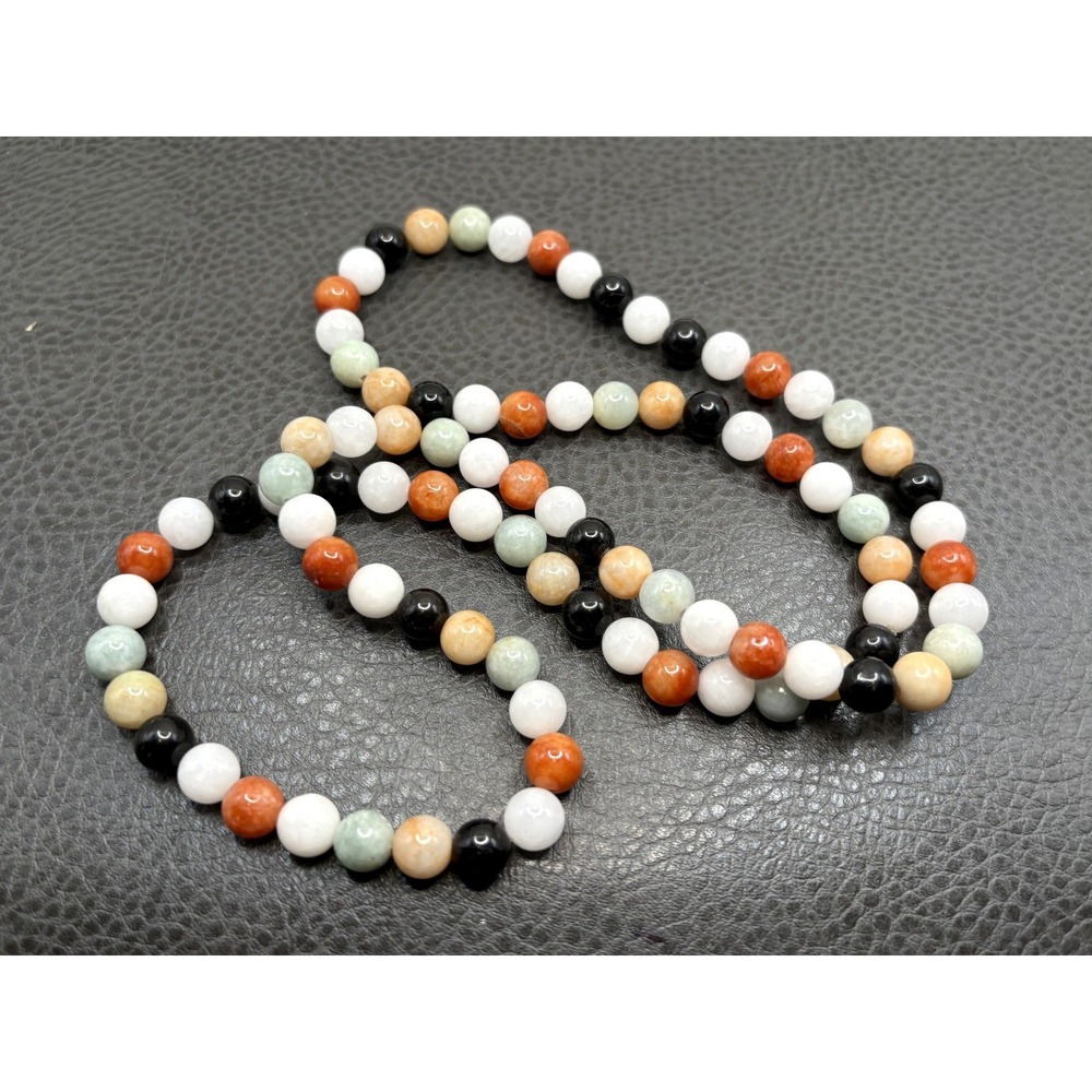 Vintage Multi Color Stone Beaded Necklace 9.2MM Round Bead Estate 30" Long